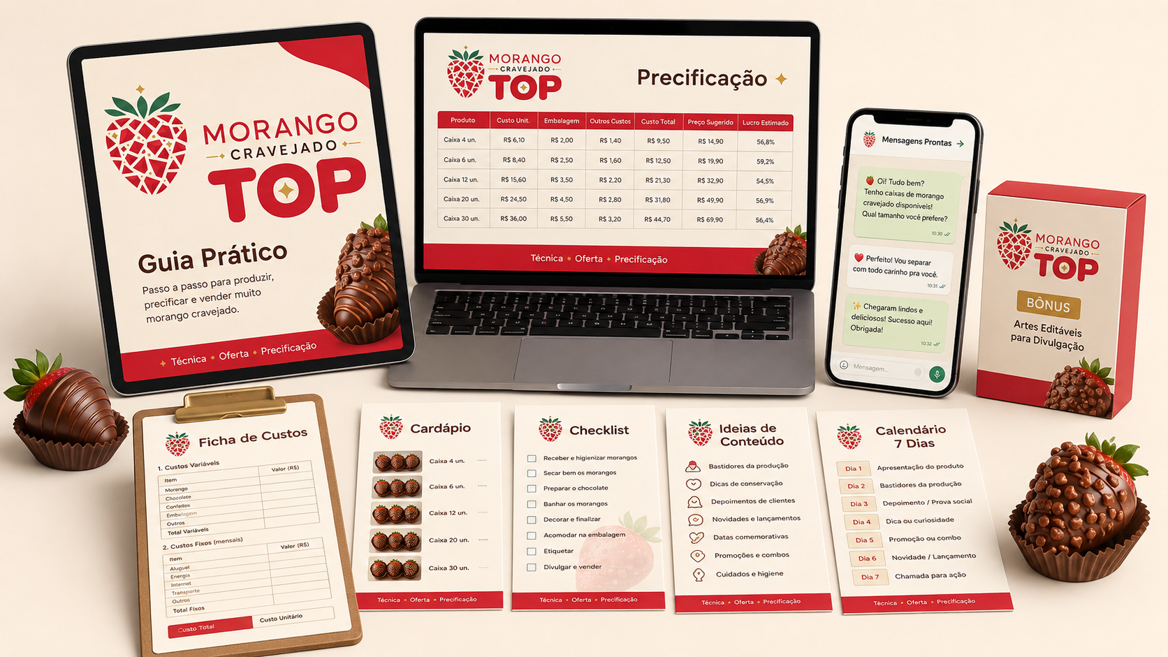 Guia, planilha, cardápio, mensagens e demais materiais do kit