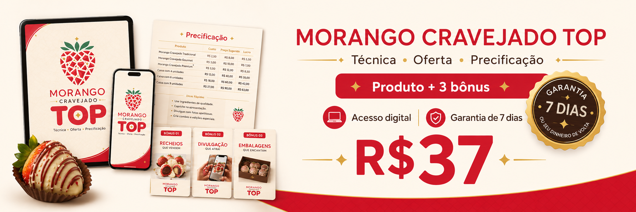 Morango Cravejado TOP — R$37, produto + 3 bônus, garantia de 7 dias